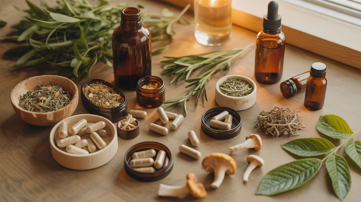 Organic herbal products — tinctures, capsules, and dried herbs on natural wood
